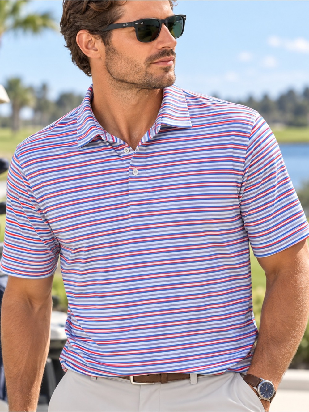 johnnie-O Prep-Formance Regatta Striped Golf Polo Men’s XL Red Blue #555